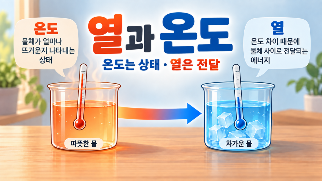 열과 온도라는 큰 제목 아래 따뜻한 물에서 차가운 물로 에너지 전달 화살표가 향합니다.