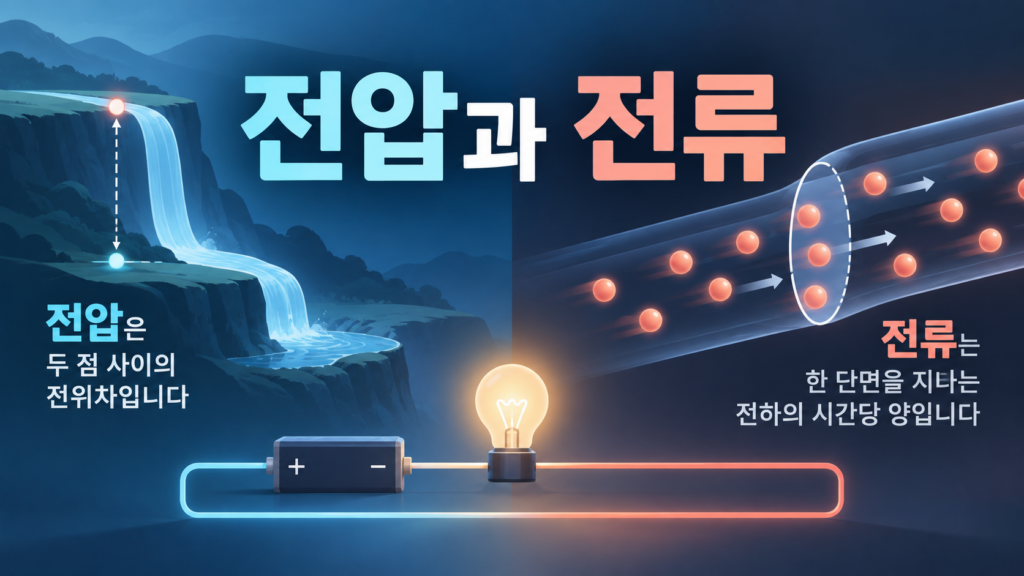 전압과 전류라는 큰 제목 아래 높이 차이와 도선 단면의 전하 흐름을 나란히 보여 준 개념 삽화입니다.