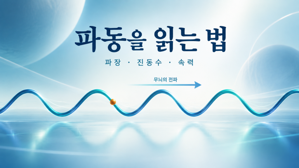 파동을 읽는 법이라는 큰 제목 아래 한 점을 표시한 줄의 파형과 오른쪽 무늬의 전파 화살표가 있습니다.