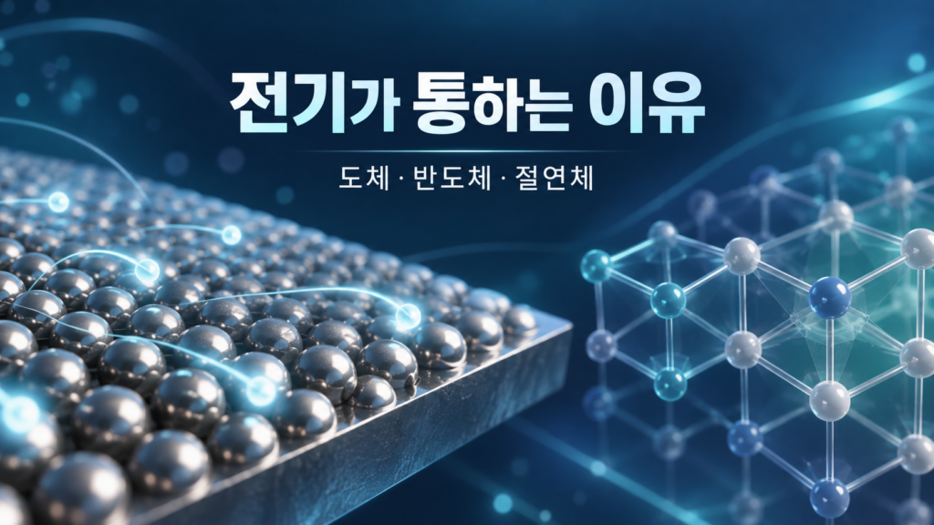 큰 제목과 물질의 결정 개념 장면을 결합한 전도 설명 표지입니다.